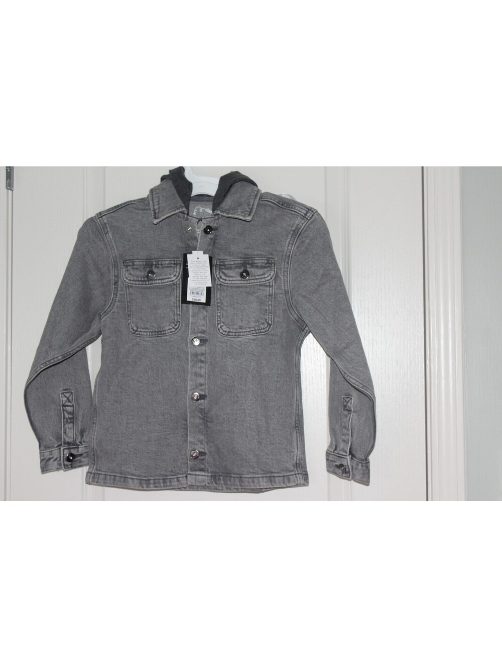Gray Denim Jacket with Hoodie (Button‑Front, Dual‑Layer Style) 0164